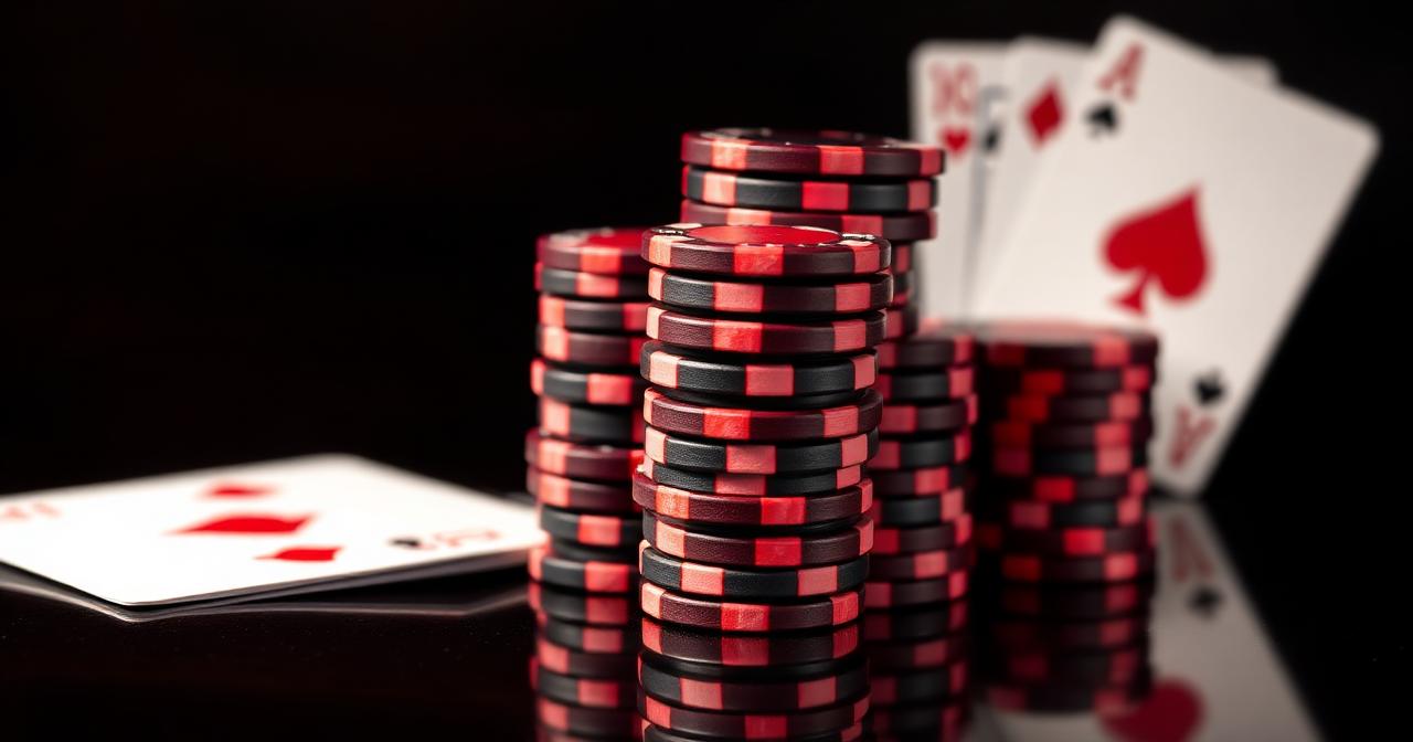 Stapels rode en zwarte pokerchips met kaarten op een glanzende zwarte tafel