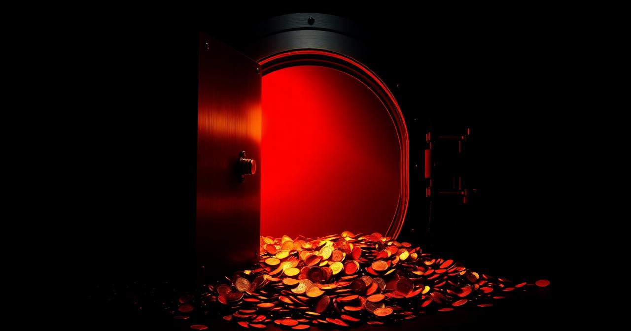 Brandkluis met rood gloeiend licht en uitstromende munten in een donker decor