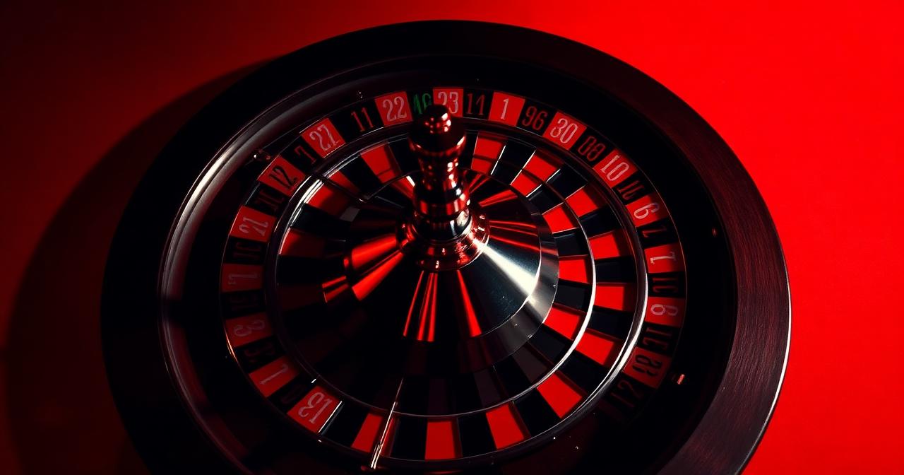 Close-up van een roulette wiel onder dramatische rode belichting op een donkere tafel