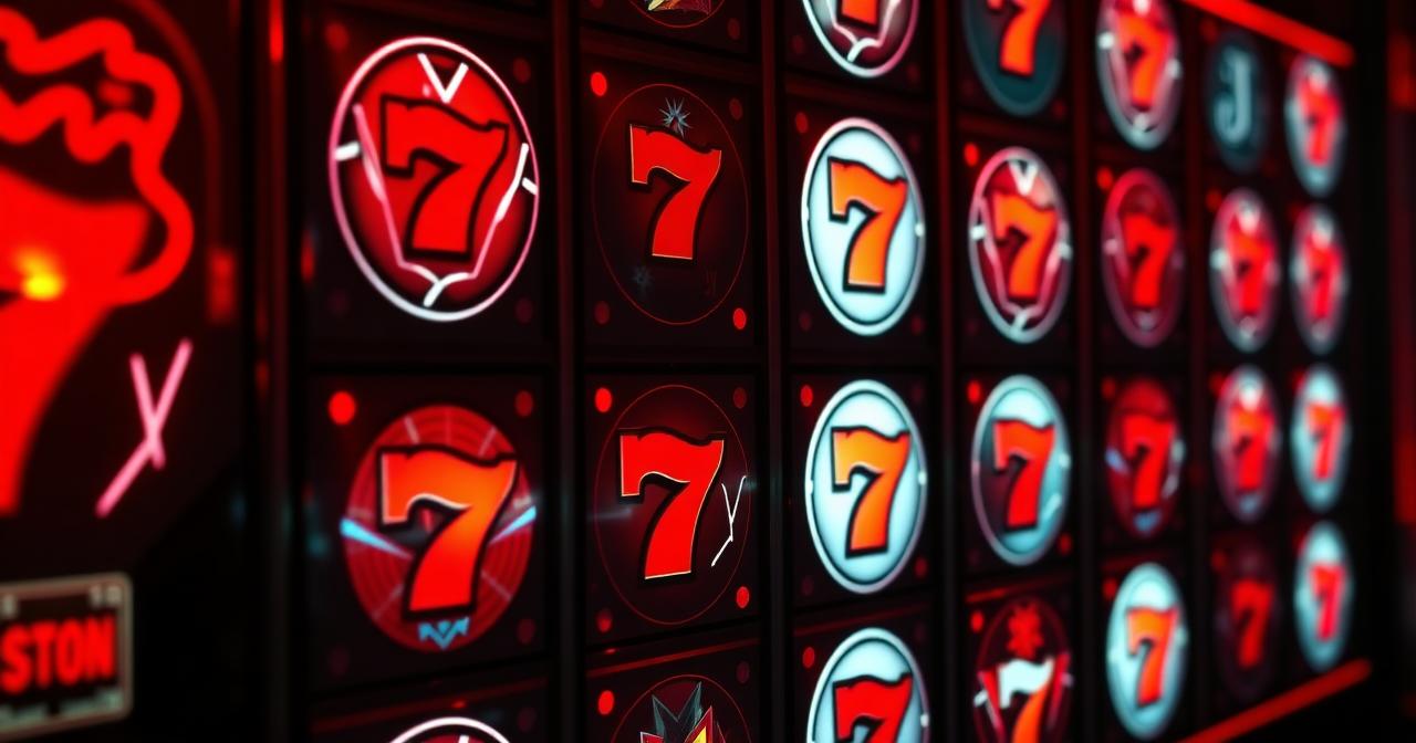 Een wand vol spinnende slot reels in rood en zwart, kenmerkend voor de 55Bet bibliotheek